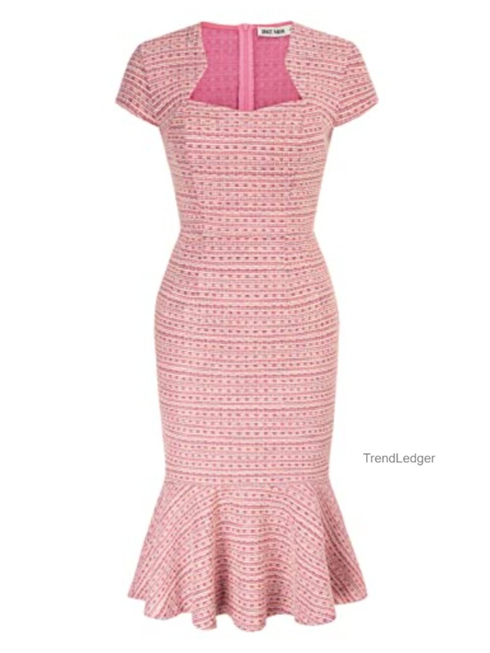 Women's Tweed Fishtail Bodycon Cocktail Dress Cap Sleeve Knee-Length